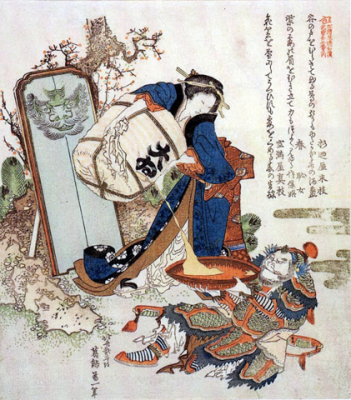 Hokusai: Oiko che versa il sake ad un guerriero Hokusai: Oiko che versa il sake ad un guerriero